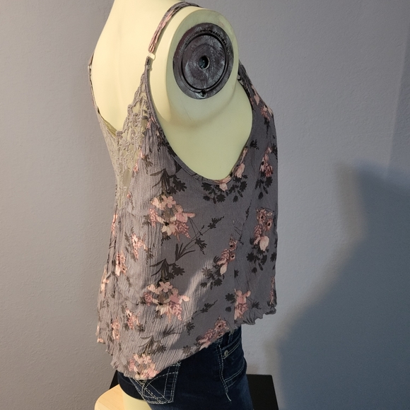 Self Esteem Purplish Gray Floral Lace Double V-Neck Cami Tank Top - Picture 4 of 6